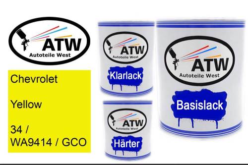 Chevrolet, Yellow, 34 / WA9414 / GCO: 1L Lackdose + 1L Klarlack + 500ml Härter - Set, von ATW Autoteile West.
